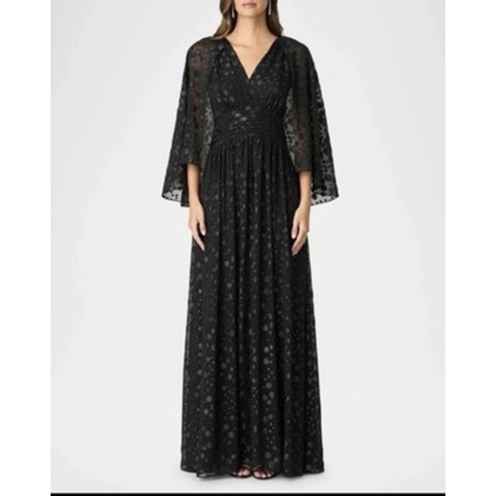 $660 Shoshanna Midnight Black Metallic Polka Dot Cape Sleeve Maxi Dress Size 2